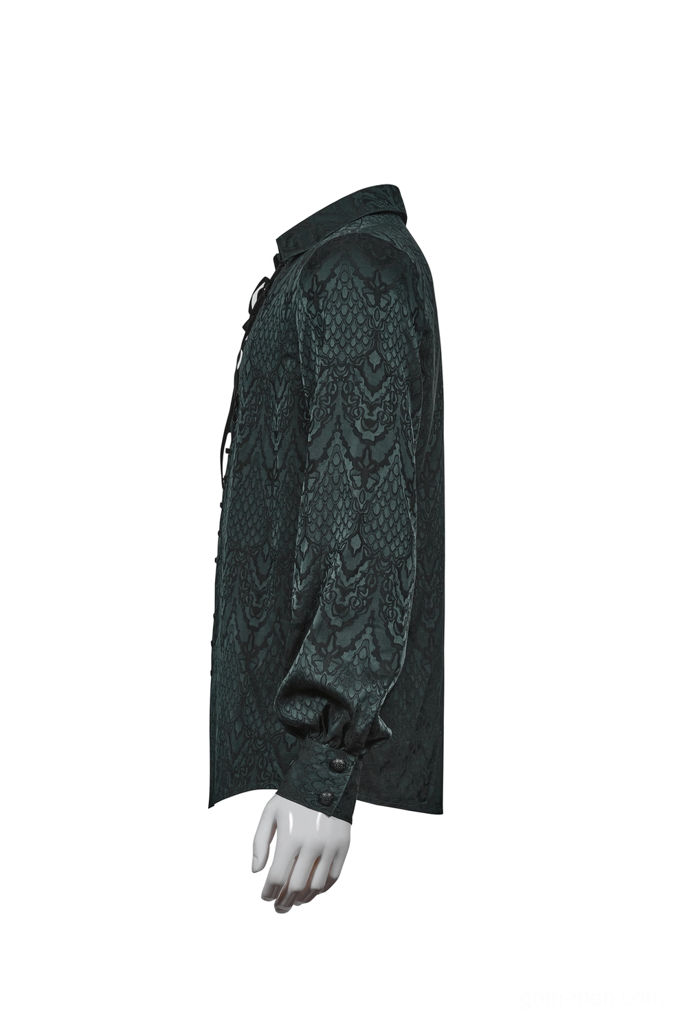 Side profile view of fitted Gothic Jacquard Shirt showing sleeve length and silhouette on mannequin
