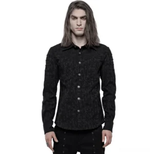 Black jacquard gothic shirt with skull buttons - front full body view on male model with long hair