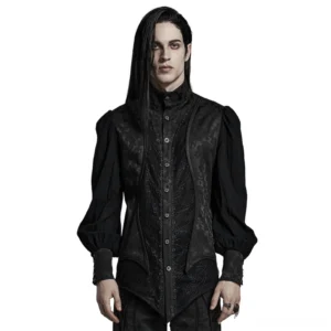 Vintage gothic jacquard stand collar shirt front view worn on male model - black damask jacquard with puff sleeves