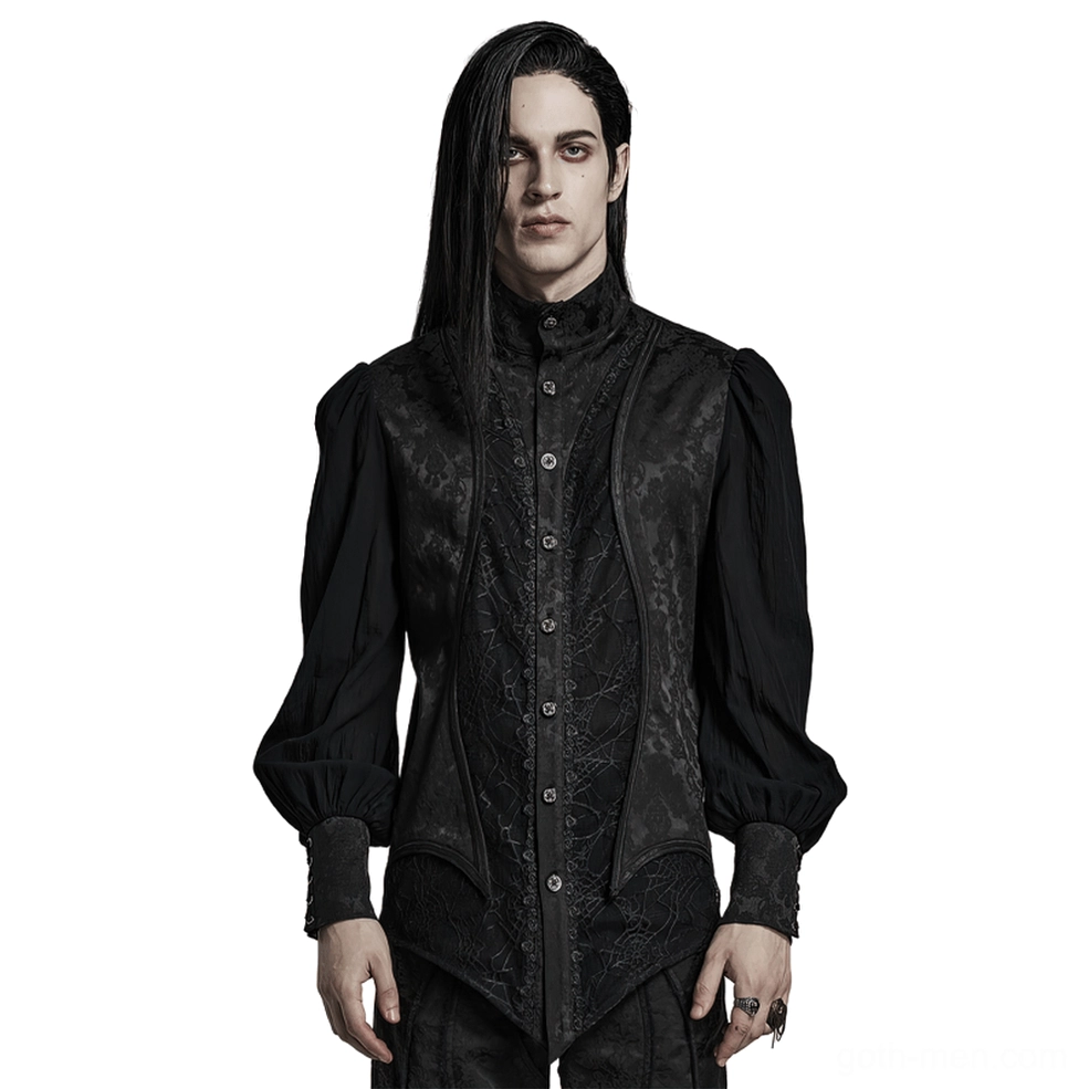 Vintage gothic jacquard stand collar shirt front view worn on male model - black damask jacquard with puff sleeves
