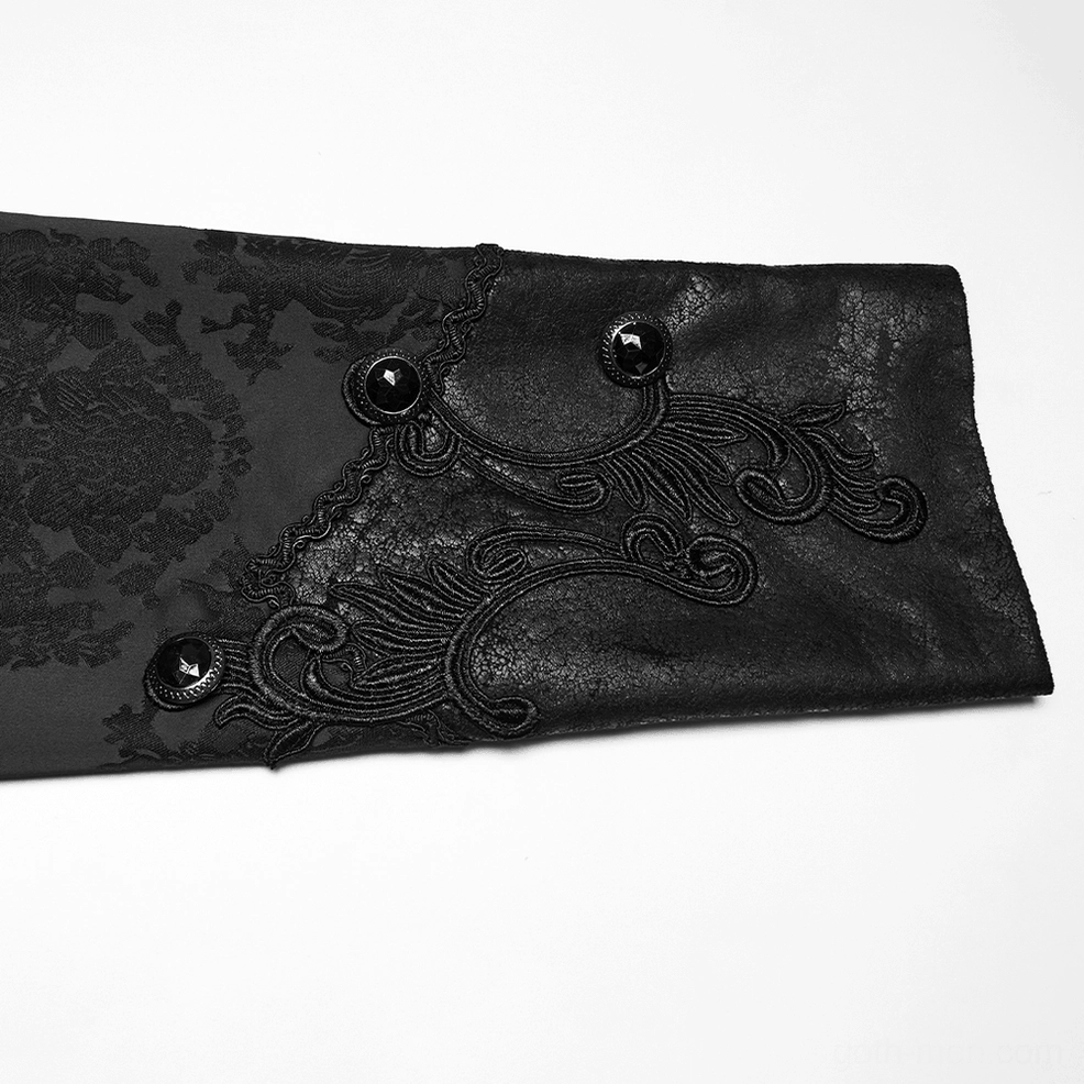 Additional detail view of black hooded gothic men's jacket showing construction and fabric quality