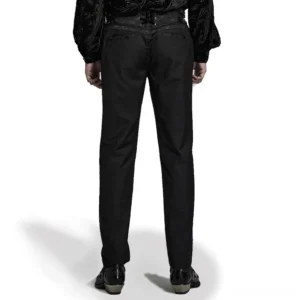 Gothic jacquard trousers rear view, lace-up back closure with velvet ribbon lacing and metal eyelets