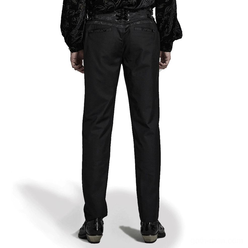 Gothic jacquard trousers rear view, lace-up back closure with velvet ribbon lacing and metal eyelets