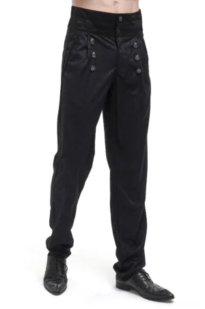 High-waisted jacquard gothic trousers front view with decorative double button rows, worn by male model