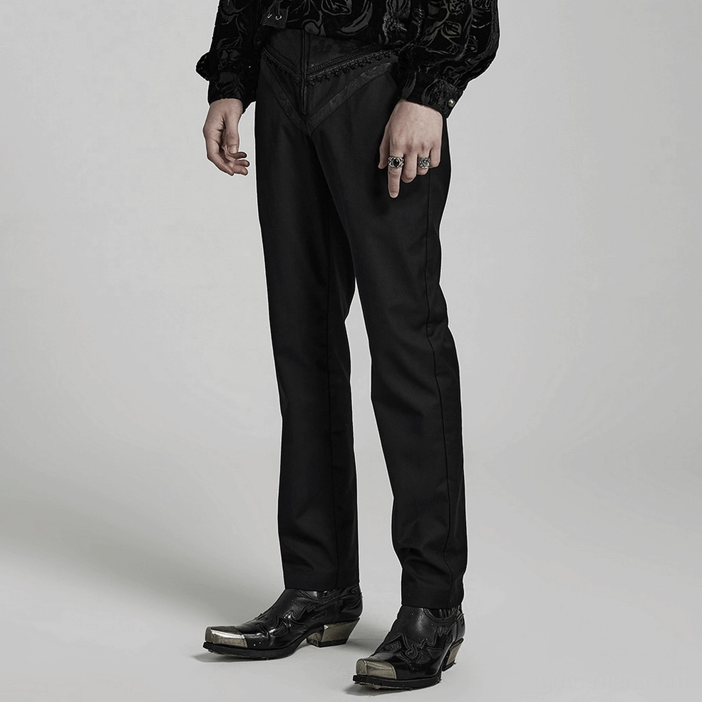 Gothic slim-fit jacquard trousers front detail, waistband jacquard texture and front fit
