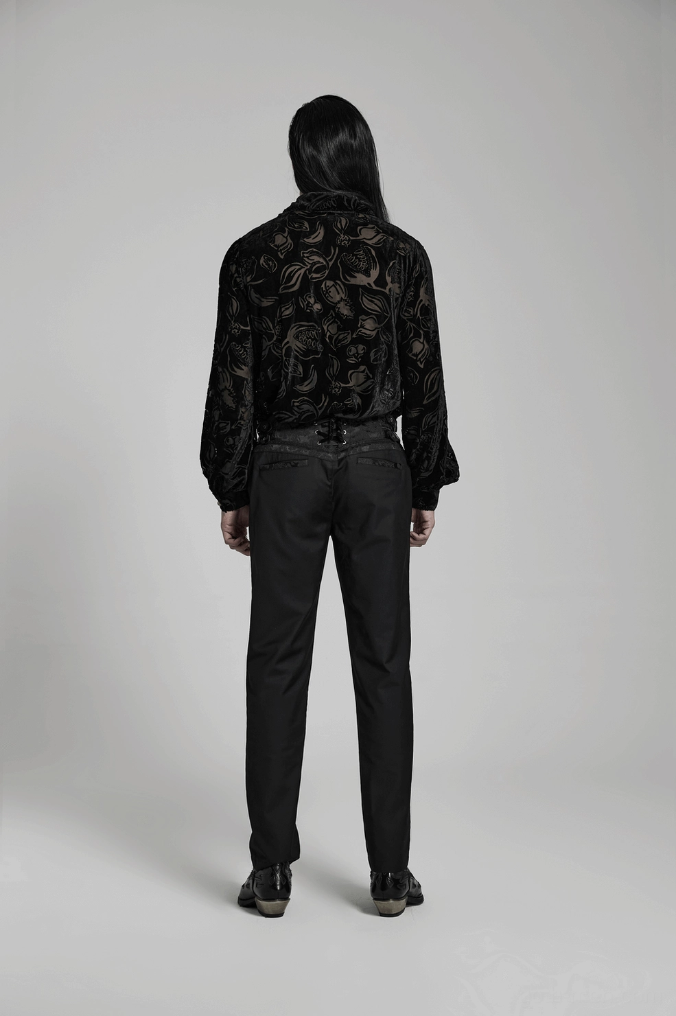 Gothic jacquard trousers model wearing, alternative mens fashion black slim pants