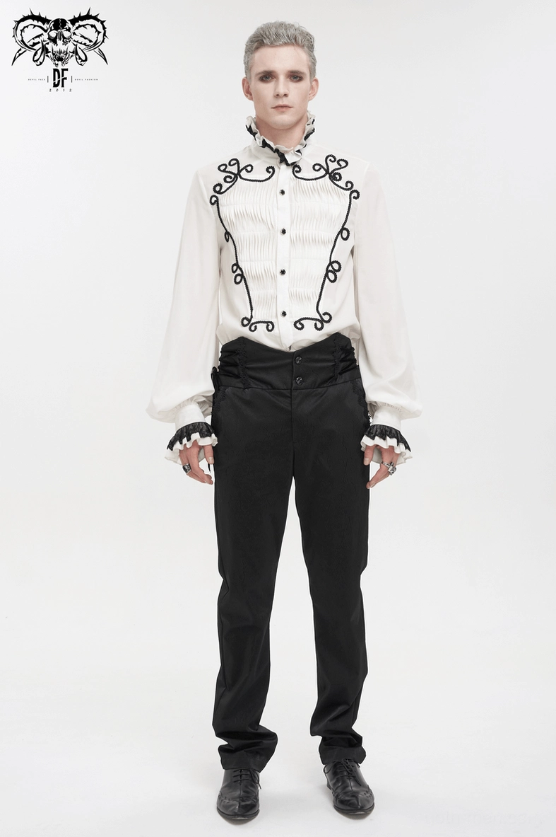 Alternative fashion model wearing black gothic lace-up trousers with vintage jacquard styling