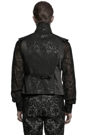 Black jacquard gothic waistcoat rear view on model showing damask pattern back panel, tailored waist buckle, and matching patterned trousers