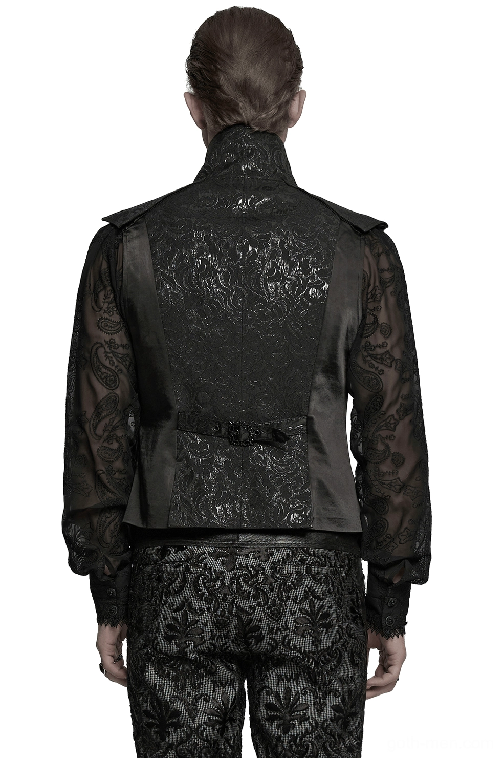Black jacquard gothic waistcoat rear view on model showing damask pattern back panel, tailored waist buckle, and matching patterned trousers