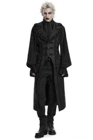 Black gothic jacquard sleeveless long waistcoat front view on model showcasing lapel collar and lace trim details