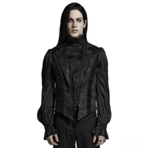 Black damask jacquard gothic waistcoat front view worn by model with ruffled sleeves