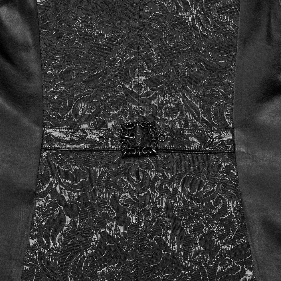 Black jacquard gothic waistcoat full front view on model demonstrating fitted silhouette, statement lapel, and professional styling for gothic fashion