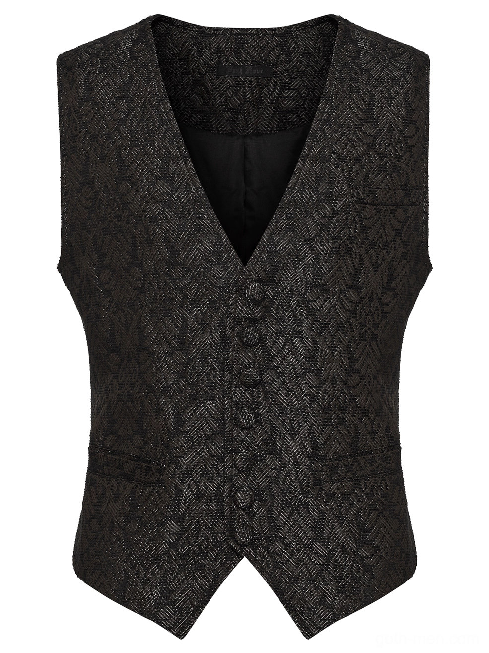 Front flat lay of coffee jacquard gothic waistcoat showing pointed hem and button placket