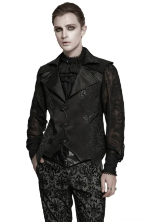 Black jacquard gothic waistcoat front view on male model with double-layer shoulder design and statement collar, paired with sheer black inner shirt