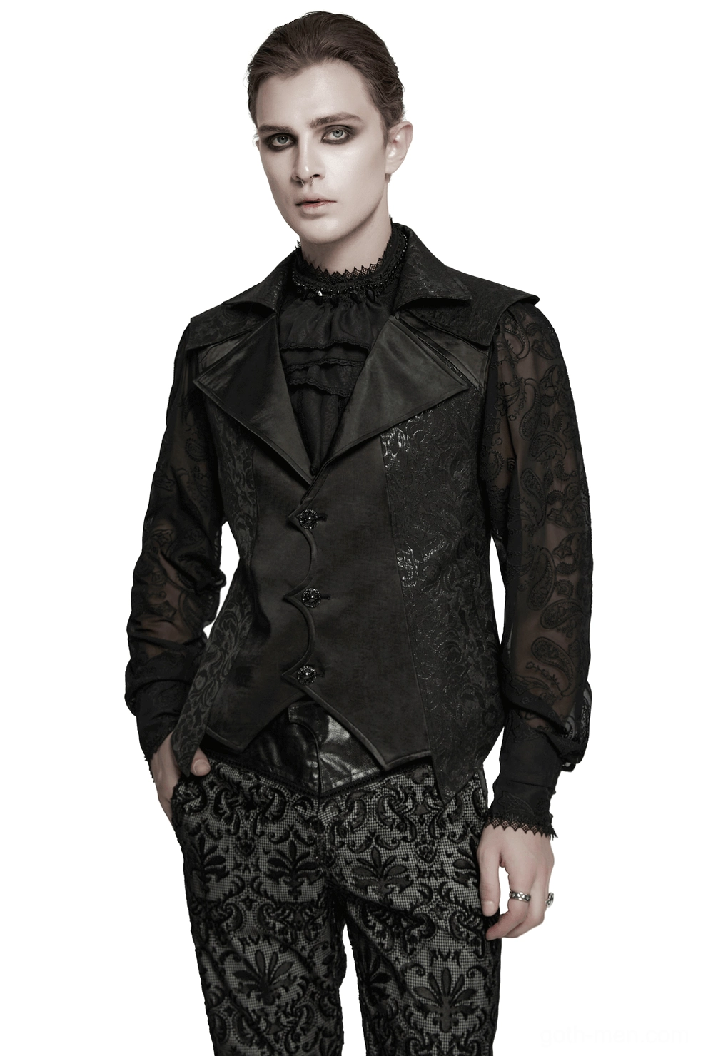 Black jacquard gothic waistcoat front view on male model with double-layer shoulder design and statement collar, paired with sheer black inner shirt