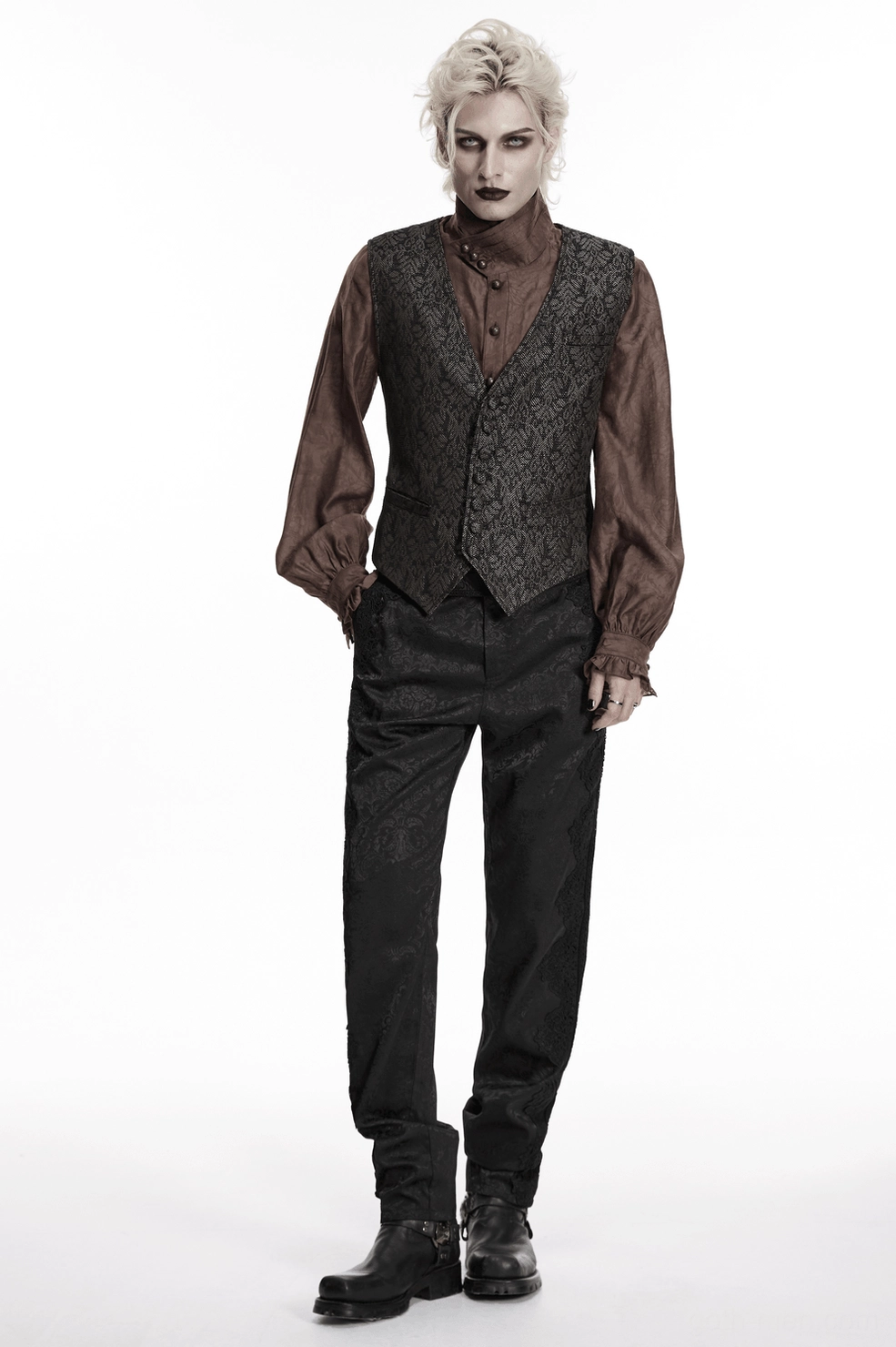 Coffee brown jacquard waistcoat flat lay showing overall silhouette and cut precision