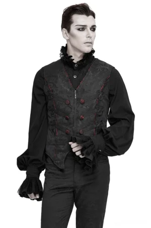 Black gothic jacquard corset waistcoat with lace-up back and red trim worn by male goth model front three-quarter view