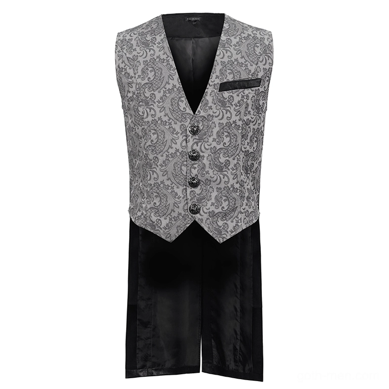 Men's gray and black jacquard gothic waistcoat displayed flat with formal black trousers and matching aesthetic