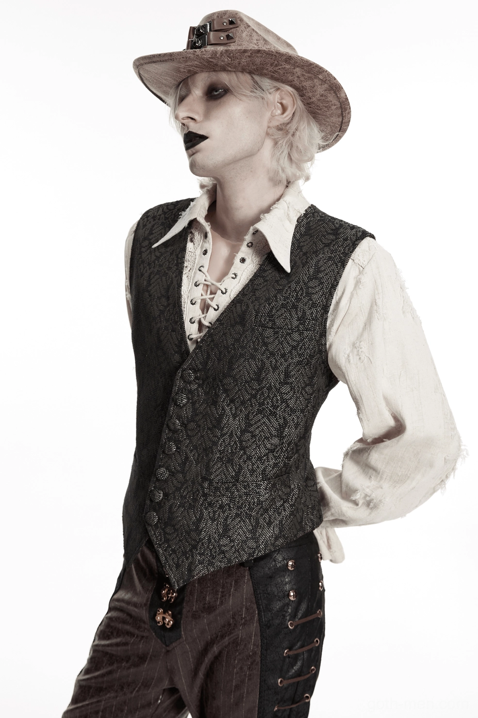 Alternative angle of model wearing coffee brown jacquard gothic waistcoat with deep V neckline