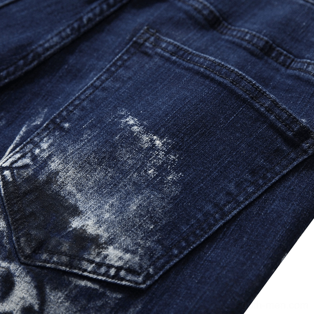 Back pocket faded acid wash design on gothic wolf woman print jeans