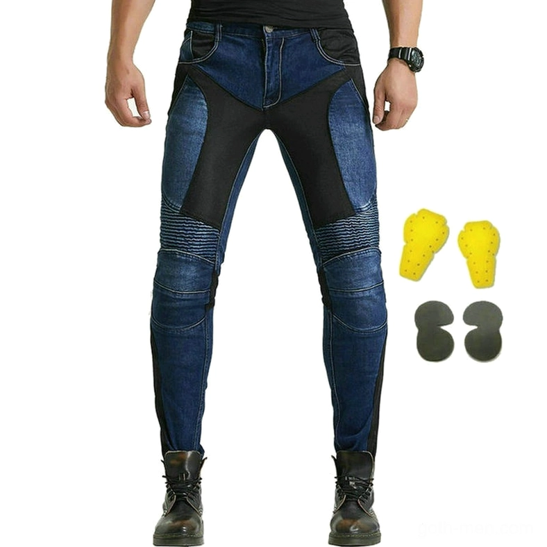 Detachable protective armor pads for gothic biker jeans showing yellow and black knee protection