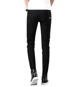 Black gothic skinny jeans men rear view showing back pocket design and metal hardware details