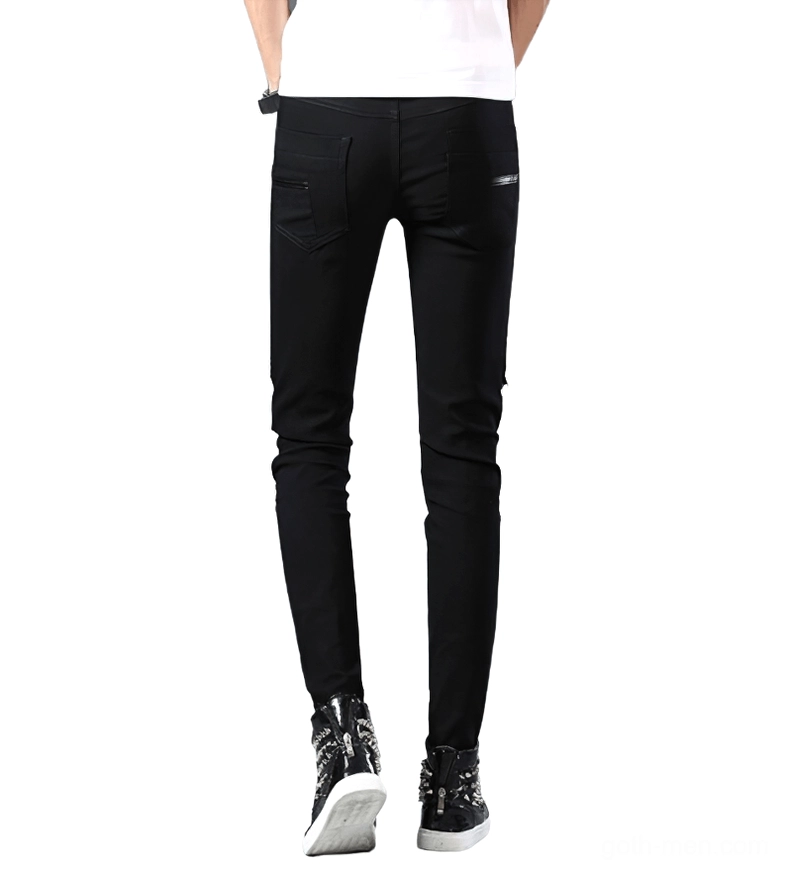 Black gothic skinny jeans men rear view showing back pocket design and metal hardware details