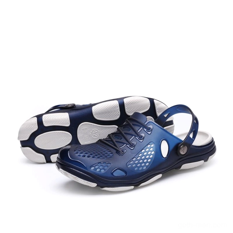Side profile of men's royal blue translucent gothic jelly sandal clog showing architectural silhouette