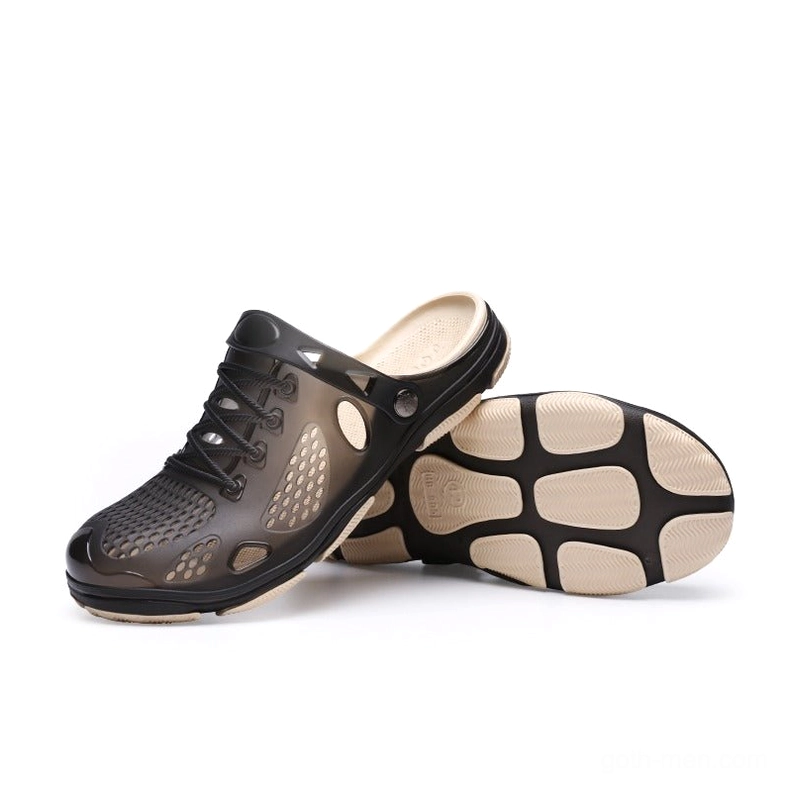 Multi-angle view of men's charcoal gothic jelly sandal displaying non-slip patterned rubber outsole and bottom construction
