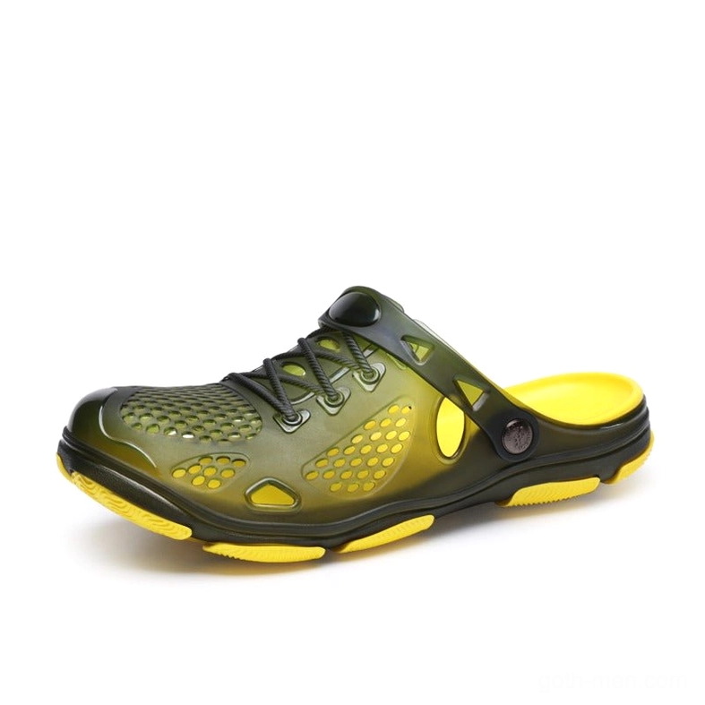Men's acid yellow-green gradient gothic jelly sandal with lace-up design and yellow outsole, three-quarter perspective
