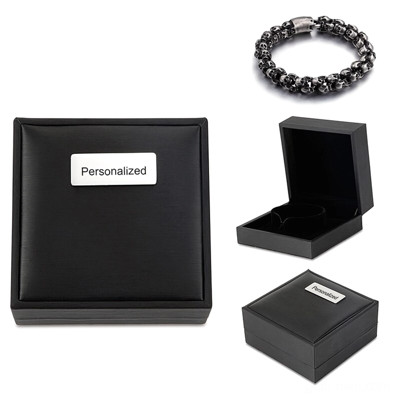 Black matte jewelry storage box for gothic skull bracelets with labeled sticker and secure closure
