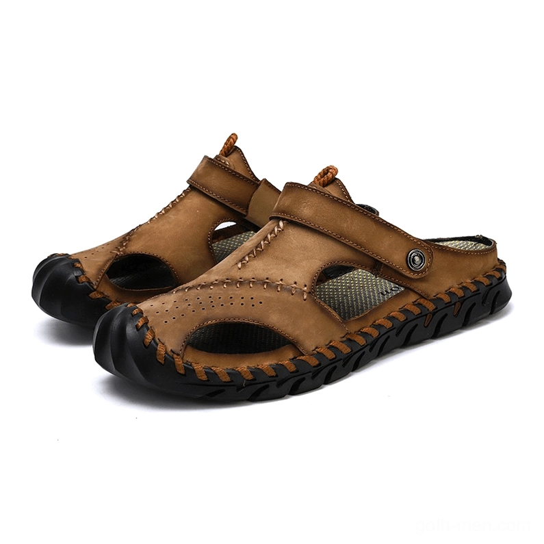 Men's khaki light tan genuine leather gothic sandals with closed toe and breathable mesh - front angle