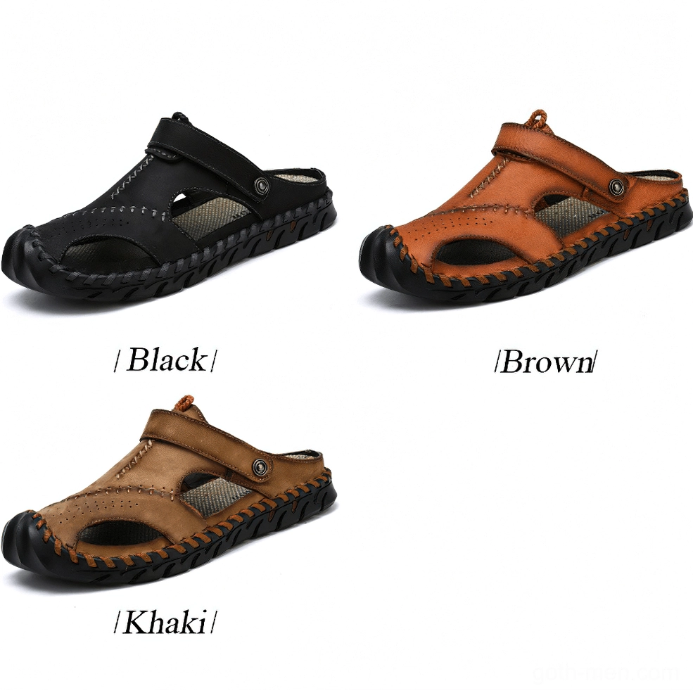 Men's khaki genuine leather gothic sandals with woven texture and ankle support - side angle