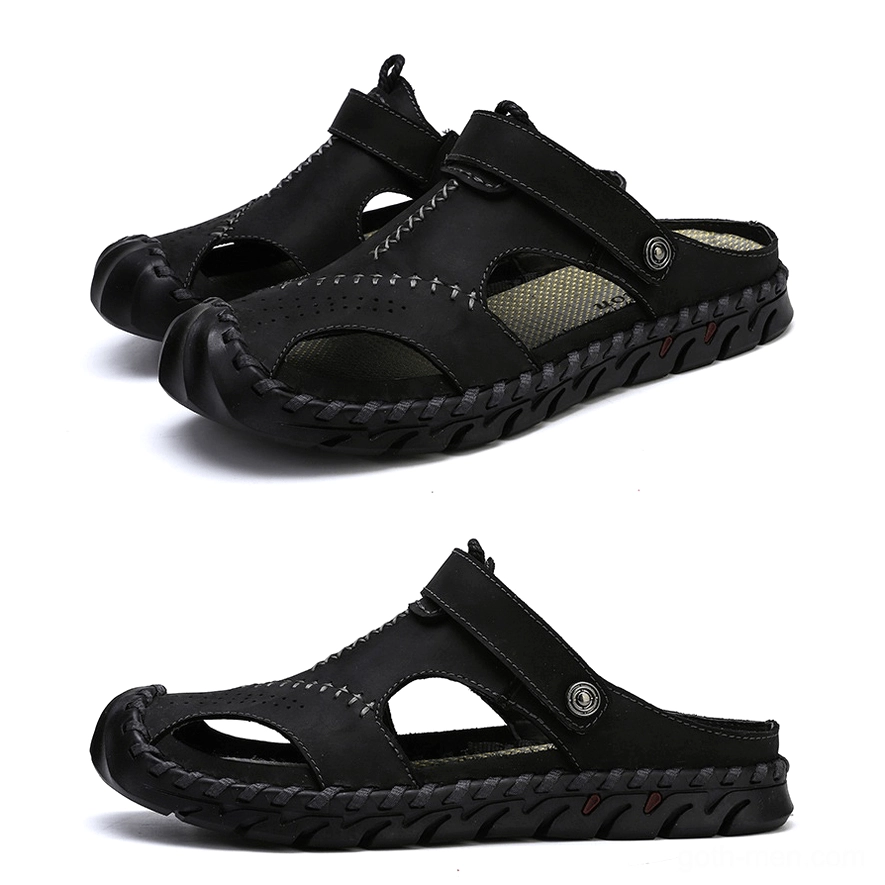 Men's khaki genuine leather gothic ankle-wrap sandals with adjustable buckle closure - top view