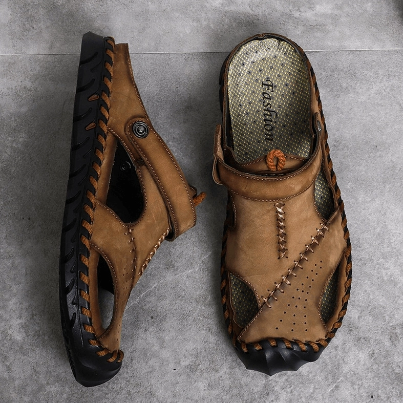 Men's khaki genuine leather gothic sandals with EVA cushioning and breathable mesh layer