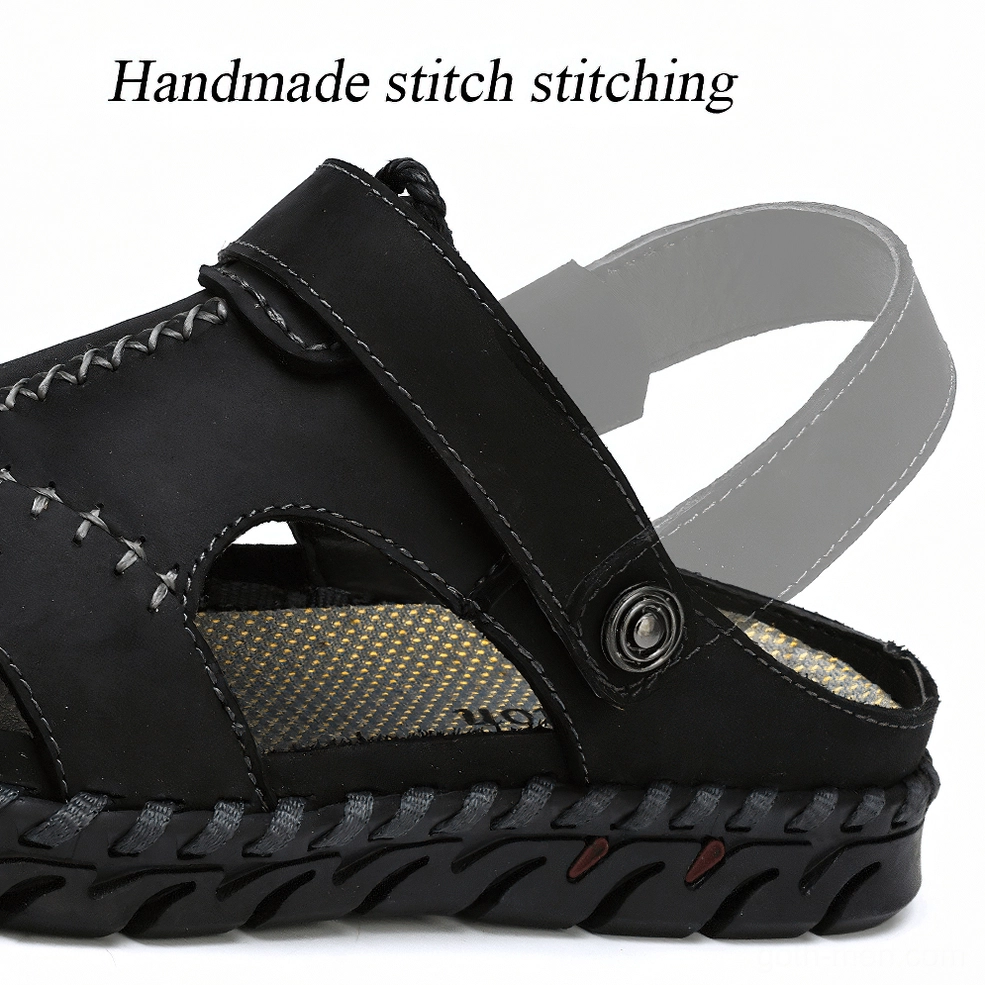 Men's khaki light brown genuine leather gothic ankle-wrap sandals with textured outsole