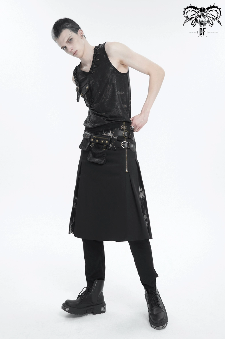 Back detail view of tie-dye gothic kilt showing pleating, stitching quality, and construction excellence