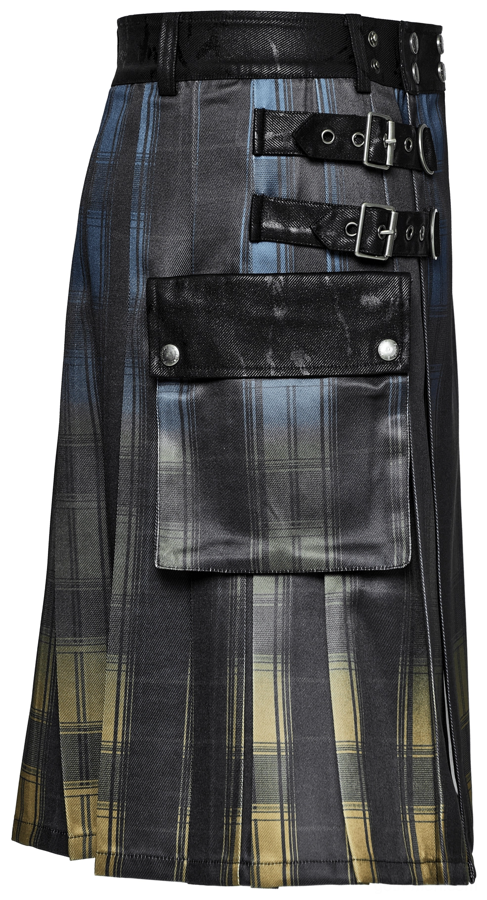 Gothic kilt rear flat lay leather buckle straps pleated construction utility pocket