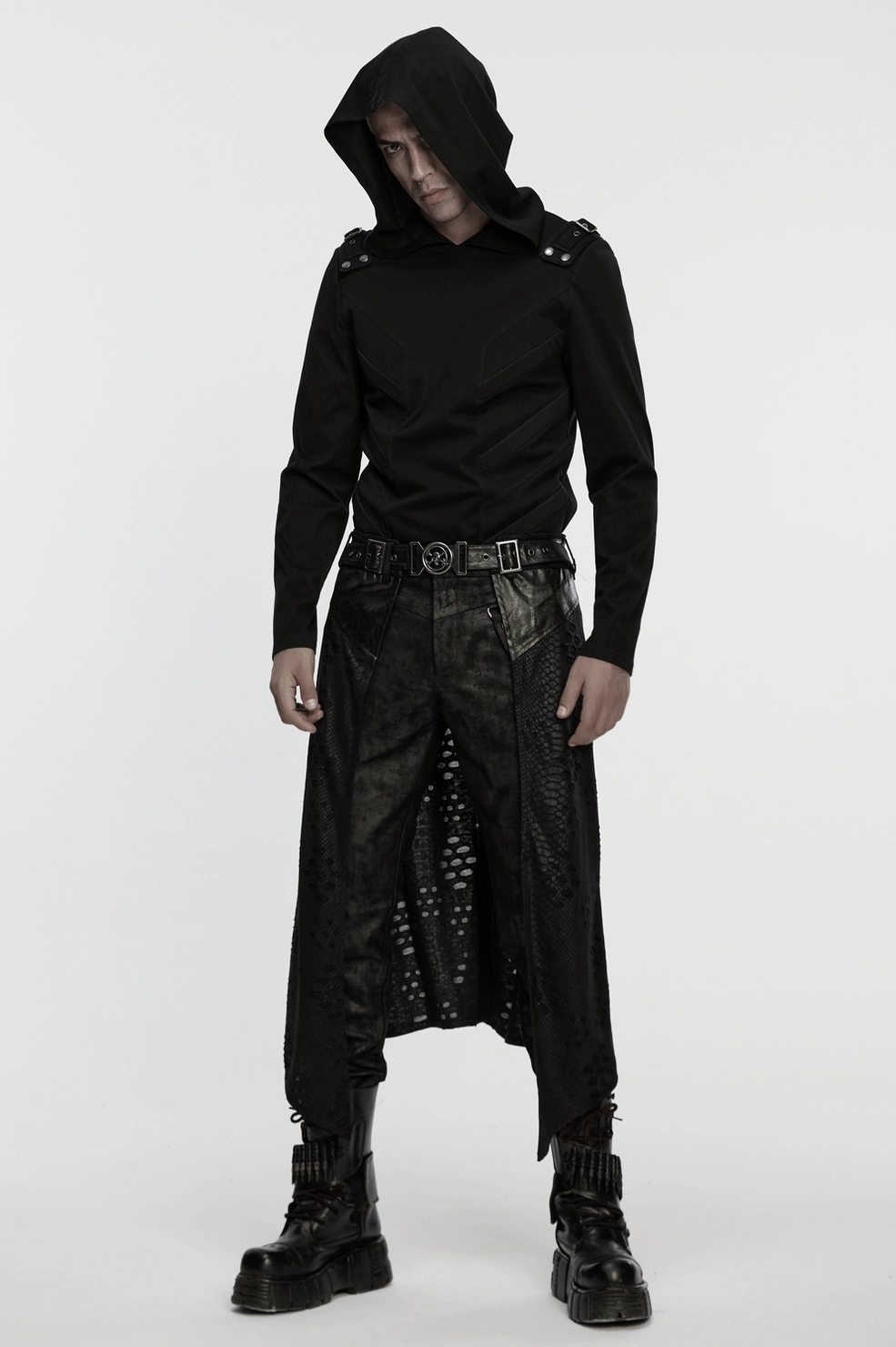 Back lower view of gothic kilt showing asymmetrical pointed hem tips and snake leather texture