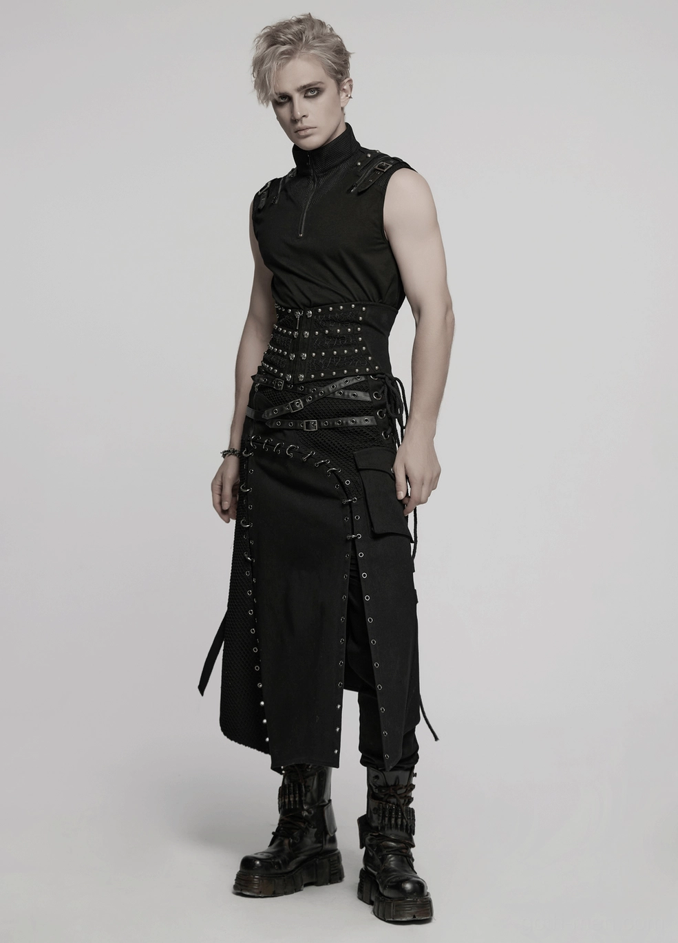 Gothic Kilt for Men - Back Perspective with Platform Combat Boots Emphasizing Leg-Lengthening Asymmetric Cut