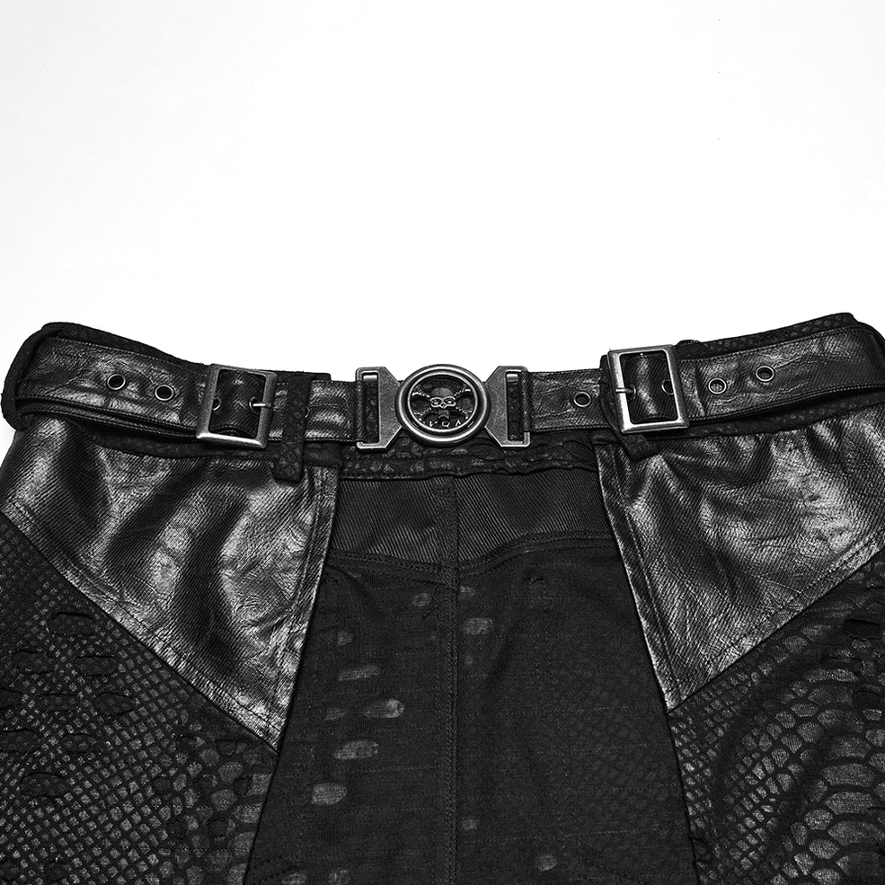 Close-up detail of dual metal buckle belt on gothic deconstructed kilt with mesh inner lining