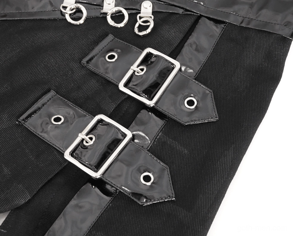 Gothic kilt buckle straps close-up featuring dual square silver buckles and patent leather construction