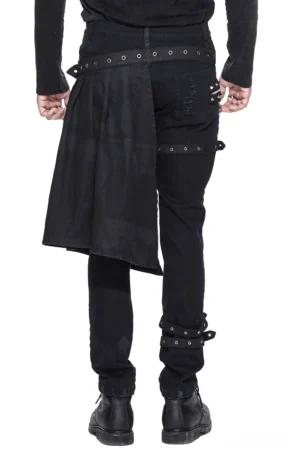 Rear view of gothic black kilt cargo pants - steampunk ripped trousers with asymmetrical kilt apron and back buckle straps