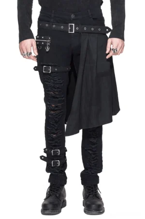 Men's gothic kilt cargo pants with ripped details front full view on model - black slim-fit steampunk trousers with attached kilt apron and leg buckles