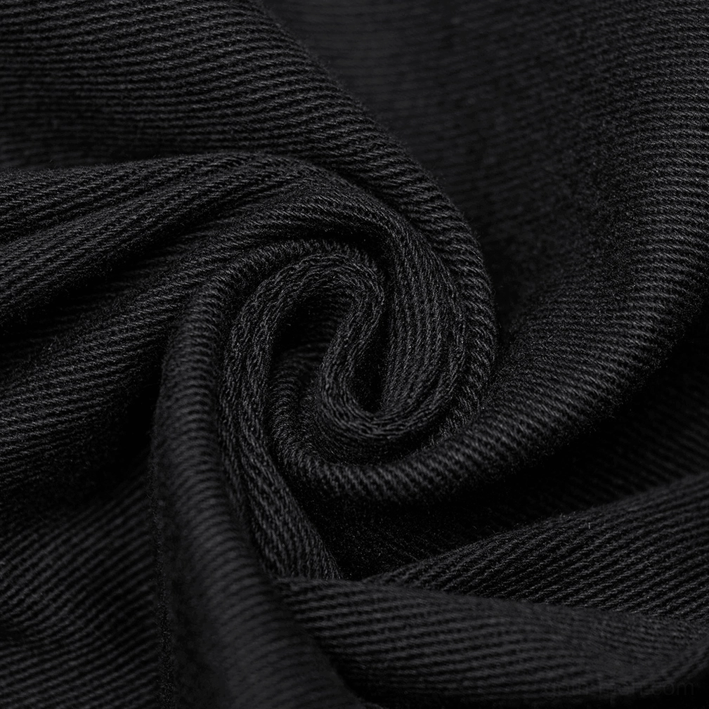 Close-up detail of Black Gothic Kilt cargo pocket with metal D-ring closures and distressed faux-leather overlay