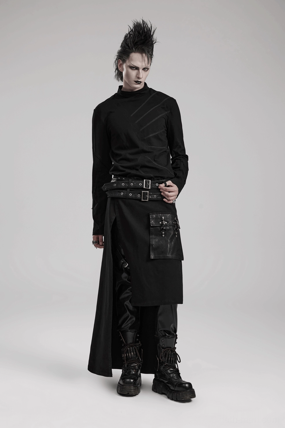 Black Gothic Asymmetrical Utility Kilt comprehensive product view showing all key features and design elements