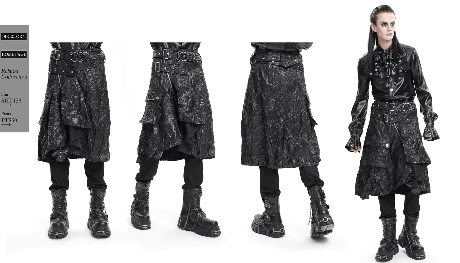 Black crinkled leather gothic kilt comprehensive detail shot showing metal hardware, texture, and overall construction quality