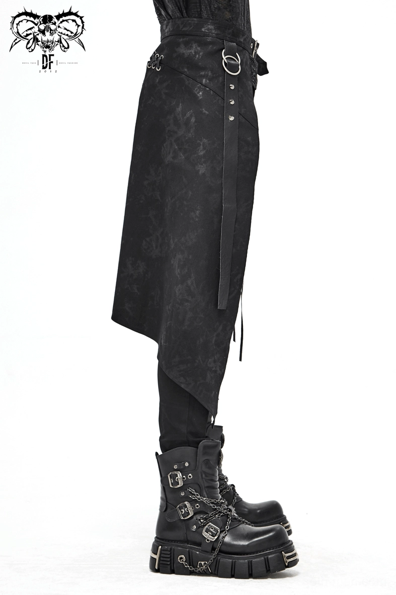 Detail view of distressed black marbled fabric texture and premium woven construction on gothic men's kilt