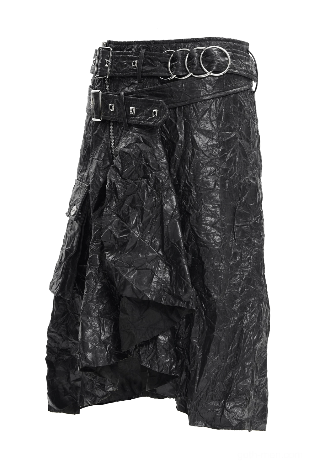 Black synthetic leather gothic kilt front three-quarter angle displaying double buckle metal ring belt and flap cargo pockets