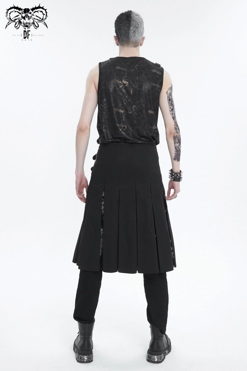 Detail view of double-layered buckle system and metal hardware on tie-dye gothic kilt fastening mechanism